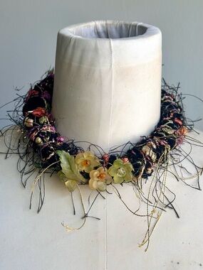 Unique Mixed Media Fringe Collar Necklace - Black Warm Colors Flowers Floral Art